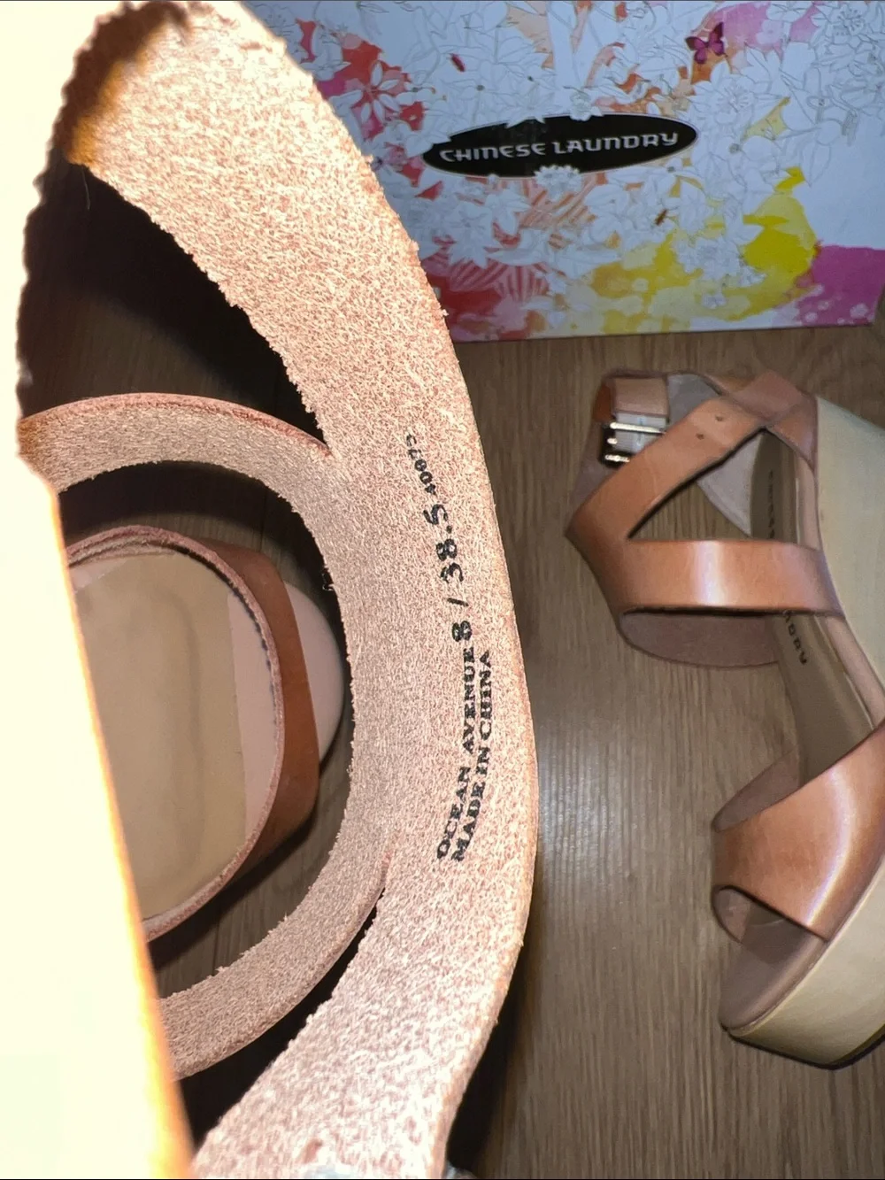 Chinese Laundry Tan Leather Platform Sandal with Wood-Look Heel